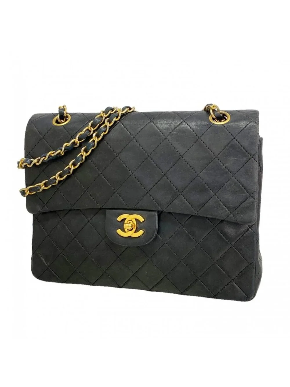Chanel Shoulder Bag Quilted Lambskin Black Gold
